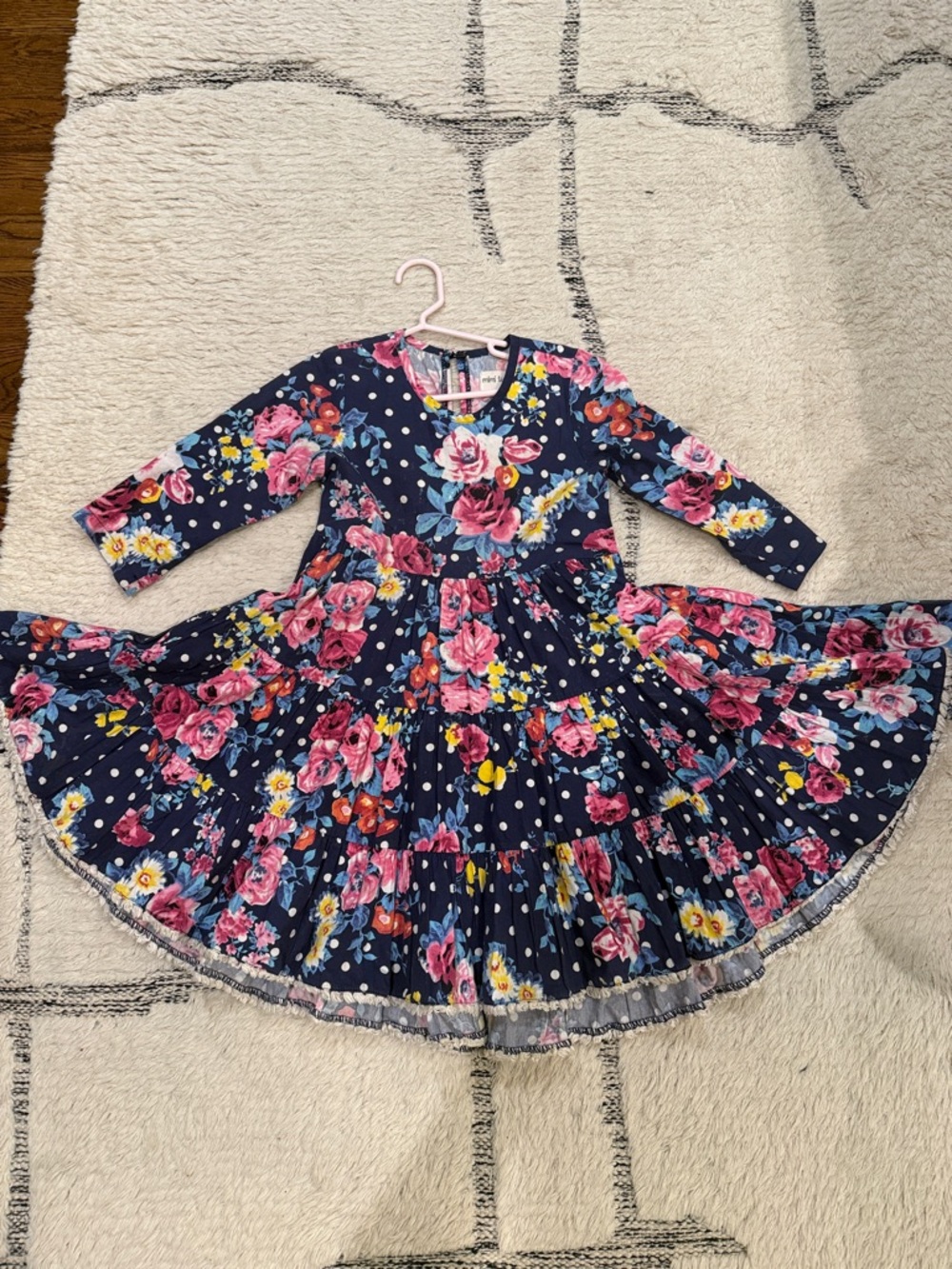 Girls Floral Navy Tiered Long-Sleeve Dress